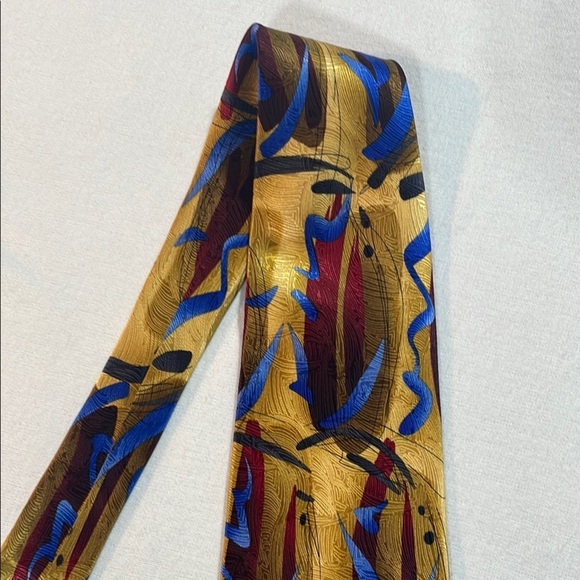 J. Garcia Wetlands 1 Collection Gold and Blue Silk Tie with Classic Stripes - Picture 8 of 9